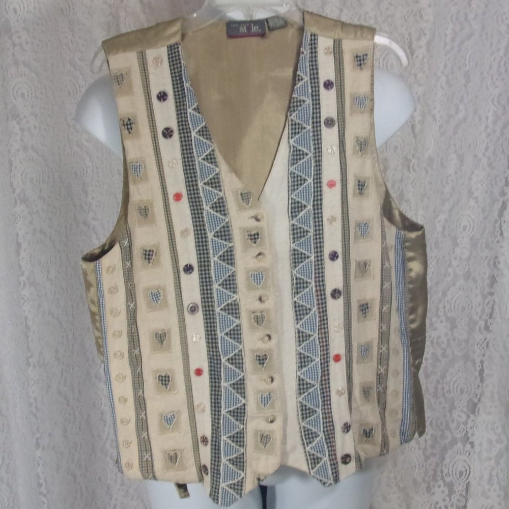 New York Style Beige Blue Print Vest Size L